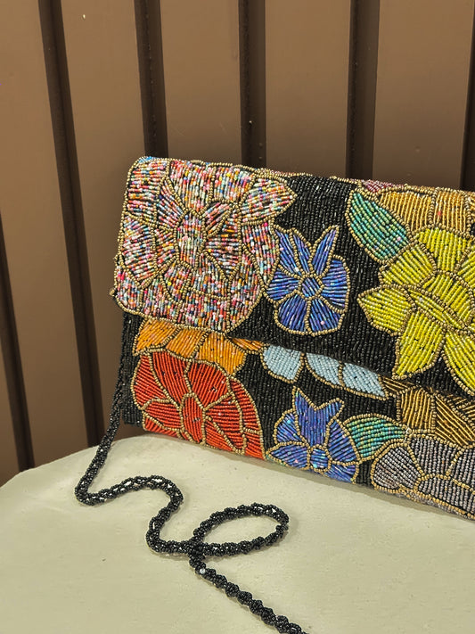 Black Midnight Floral Multicolour Handcrafted Black Beaded Clutch | Amal Ayub