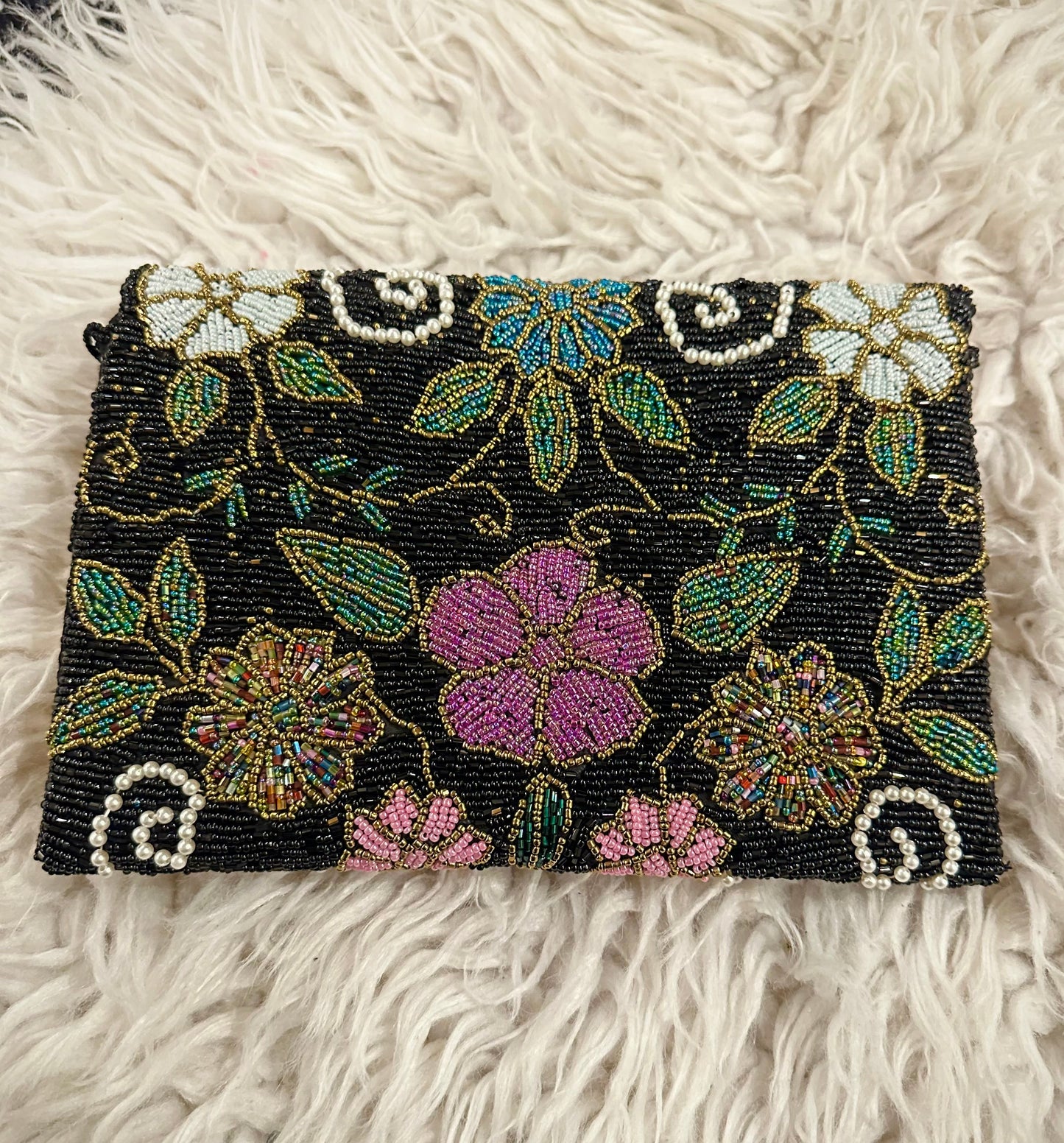 Black Floral Hand-Beaded Pearl Clutch for Weddings & Evening Events