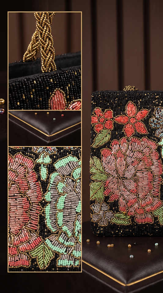 Black Multi floral Beaded Hand Embellished handbag | Weddings & Parties