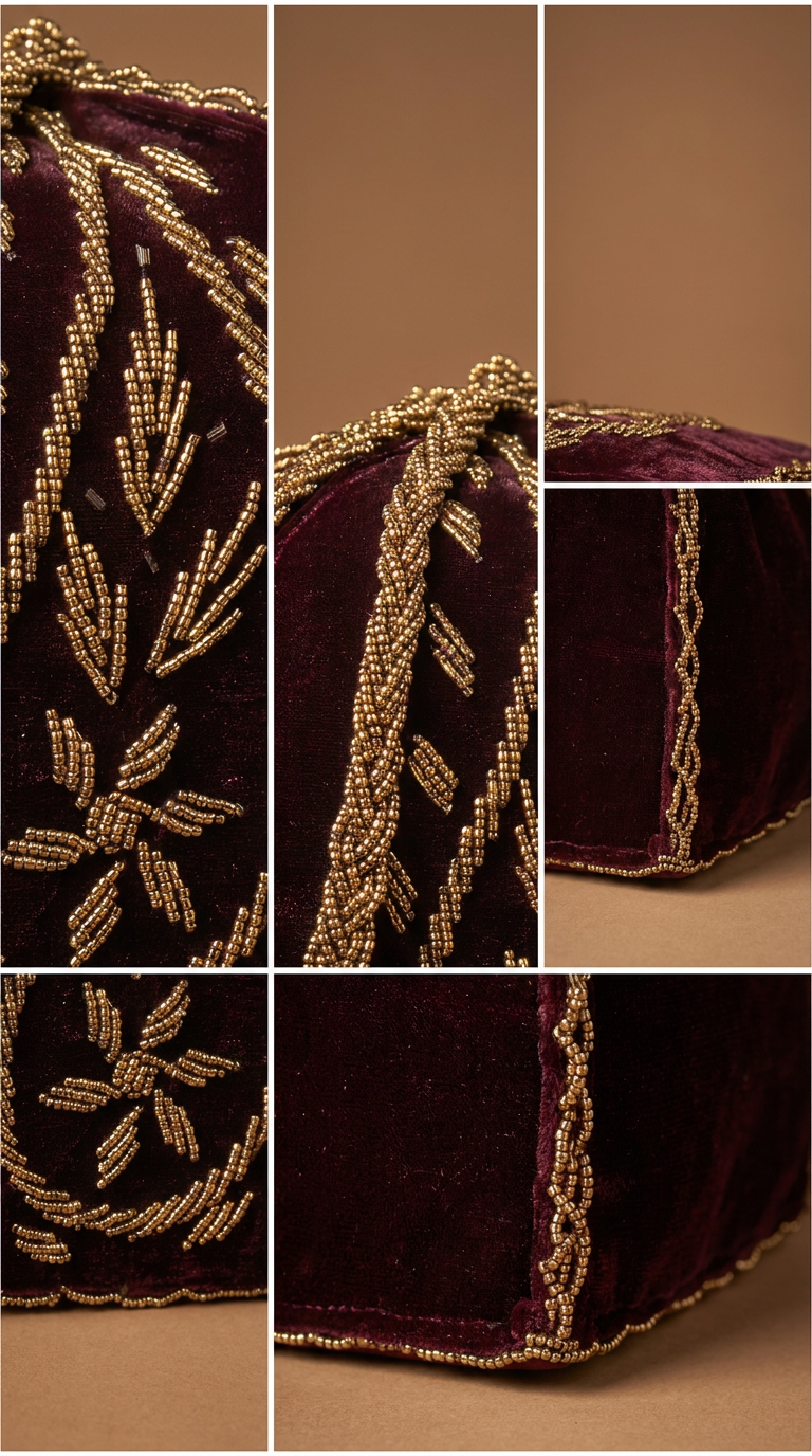 Maroon & Gold work handmade Potli | Weddings and Parties