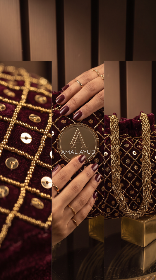 Maroon and Gold Sequin Handmade Potli | Weddings and Potli’s