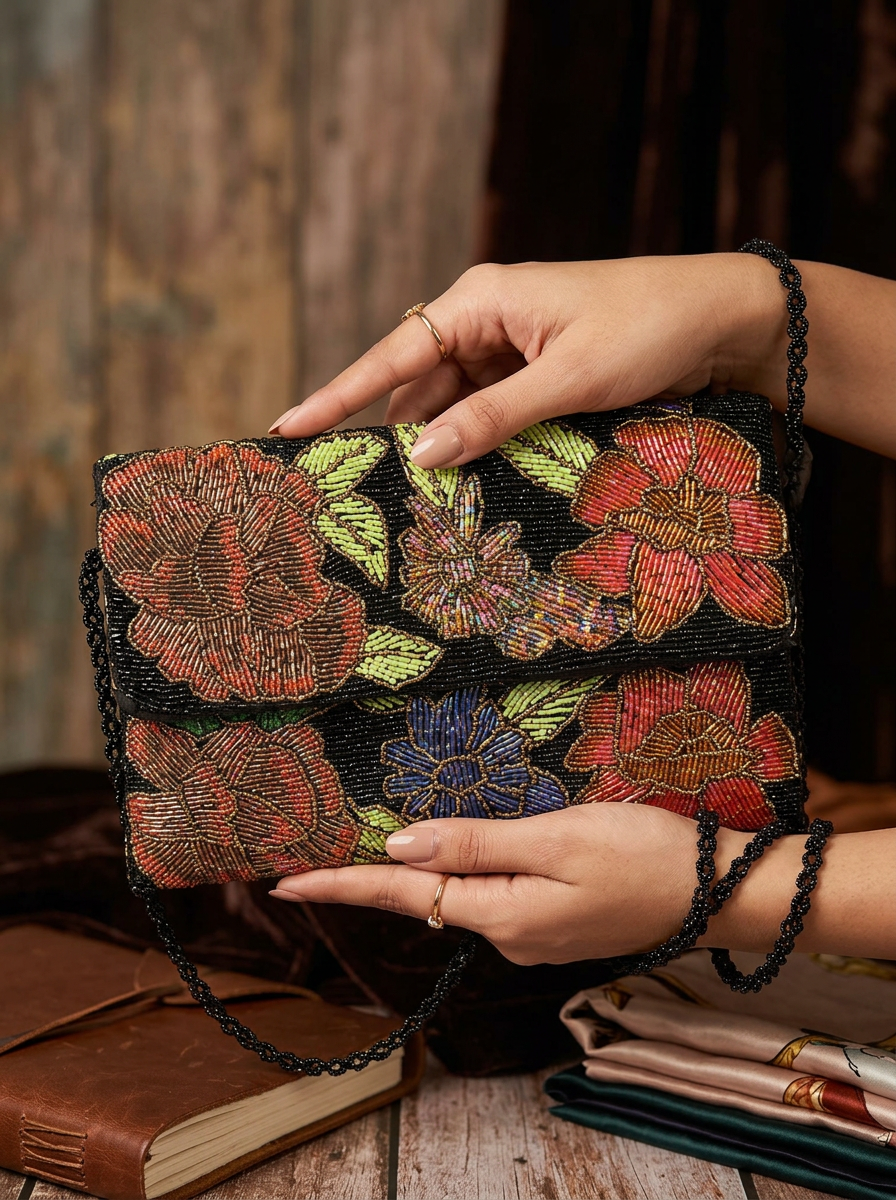 Black Midnight Botanical Hand-Beaded Crossbody Clutch | Amal Ayub