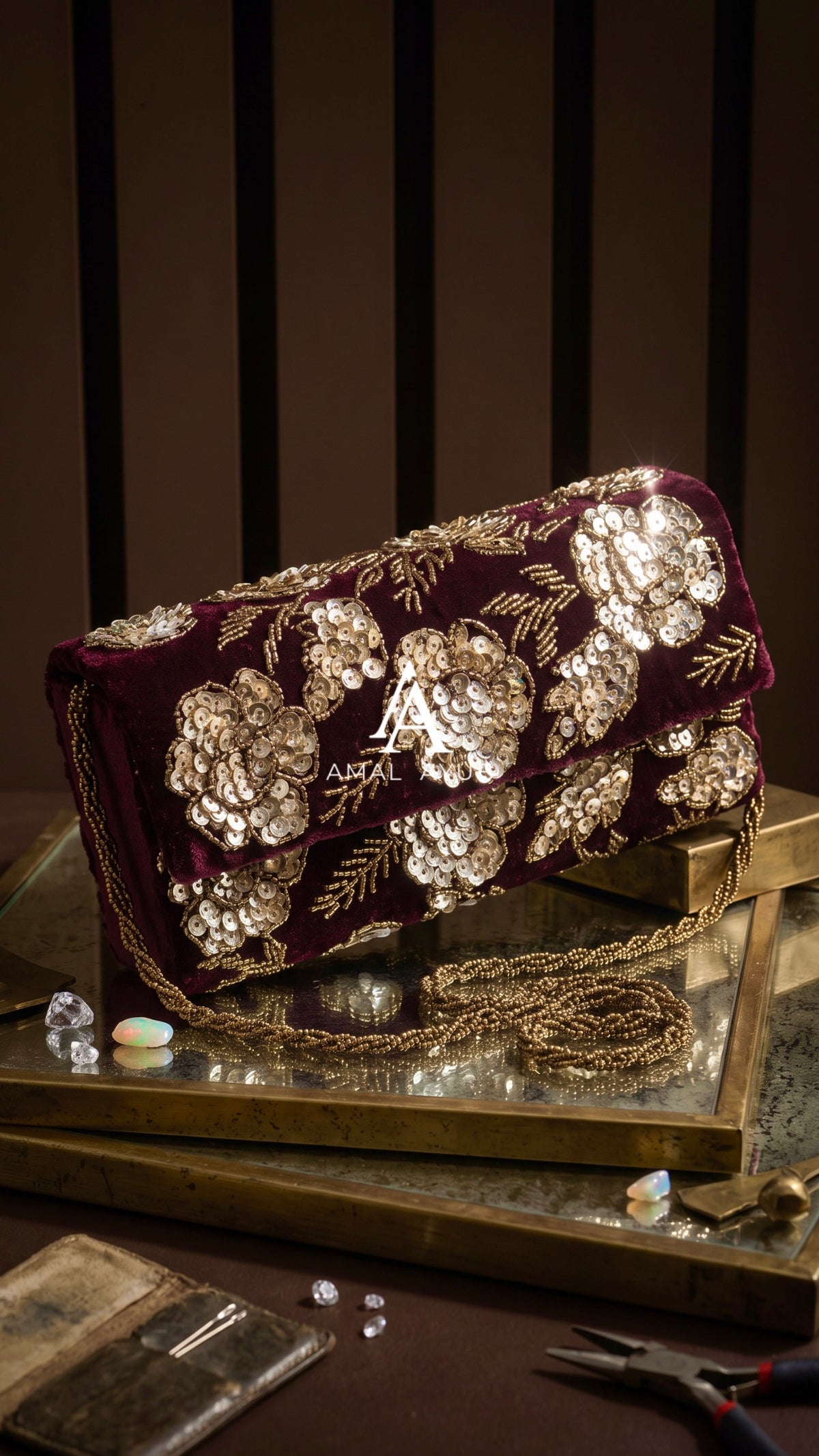 Maroon Hand Embellished Clutch | Weddings | Parties