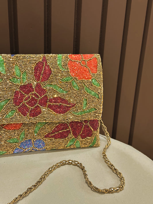 Gold Royal Floral Artisanal Beaded Clutch Purse | Amal Ayub