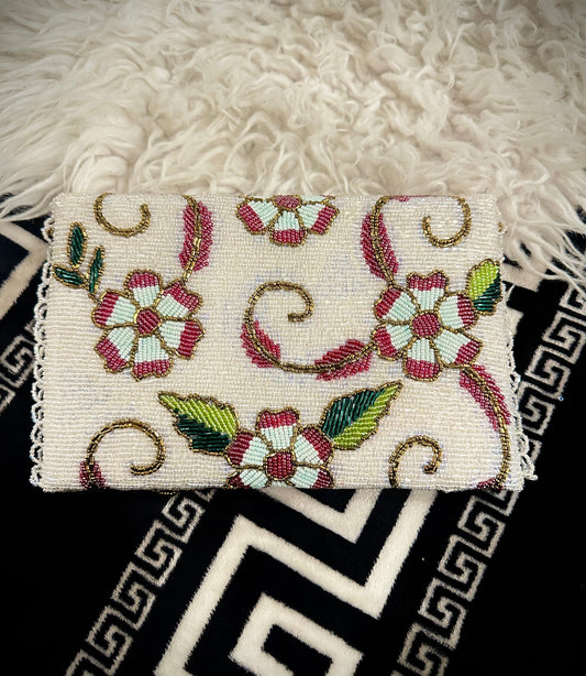 White Hand beaded clutch with Floral and leaf detailings