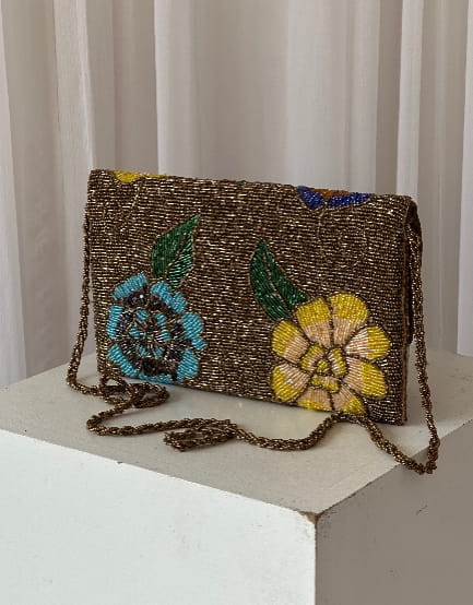 Gold brown structured embellished bag