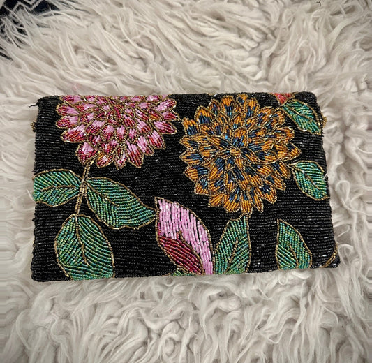 Black Floral Hand-Beaded Clutch- Handmade designer evening Purse