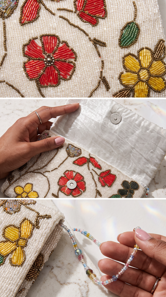 Amal Ayub handmade ivory beaded clutch bag featuring colorful embroidered floral motifs and a beaded shoulder strap.