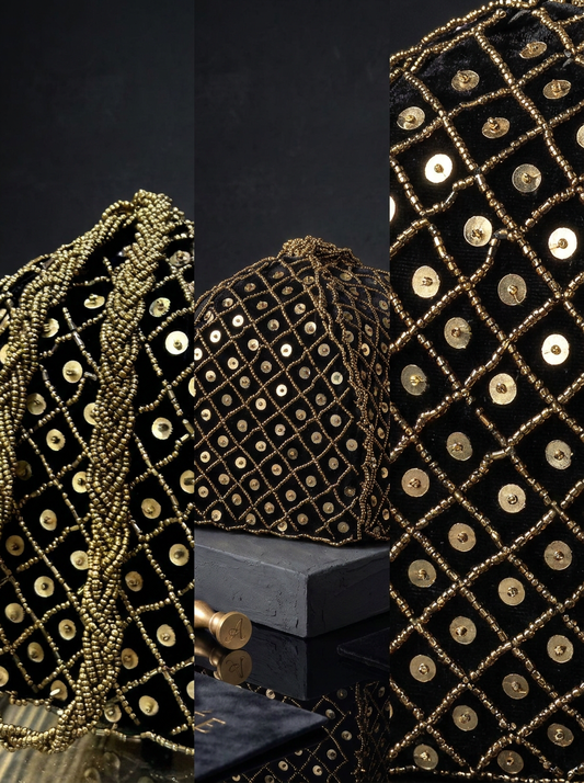 Beaded Black & Gold Geometric Beaded Potli – Handmade Luxury Edition