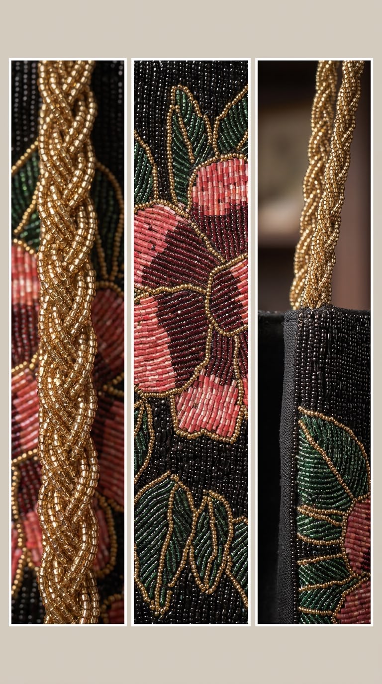Close-up details of Amal Ayub gold twisted braided handle, hand-sewn glass bead floral petalling, and crisp edge stitching