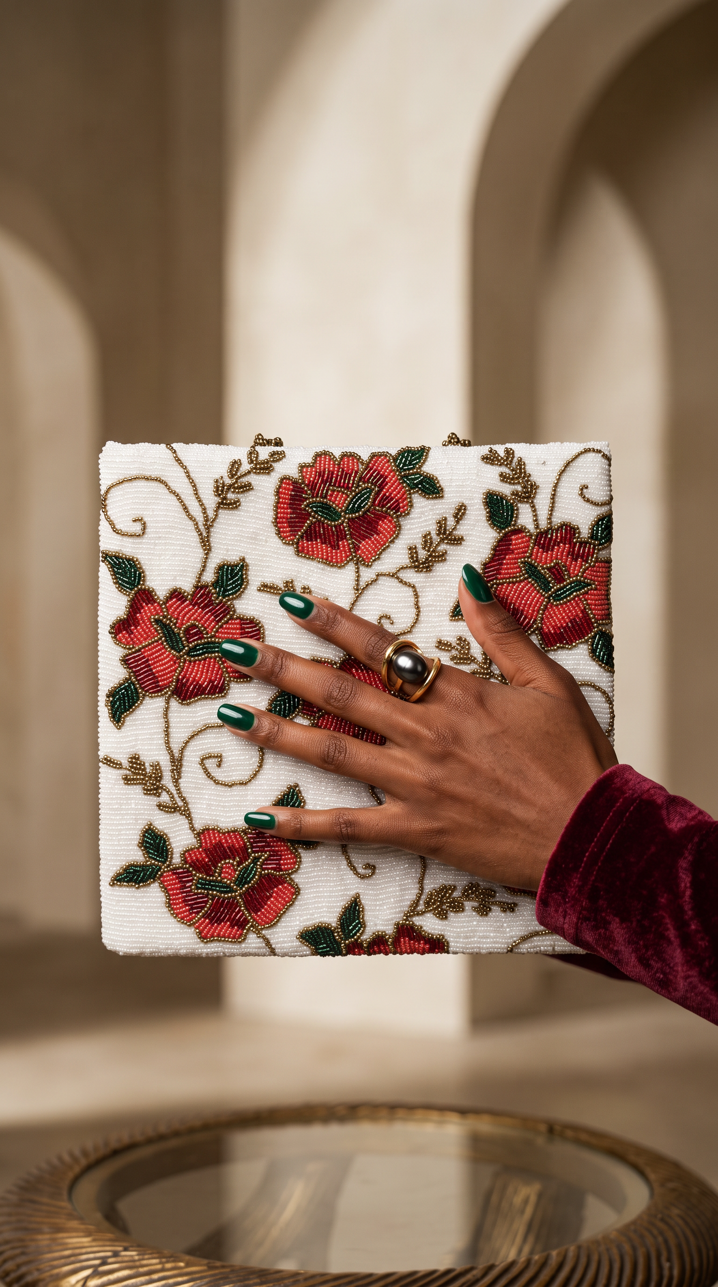 Crimson Bloom Beaded Clutch