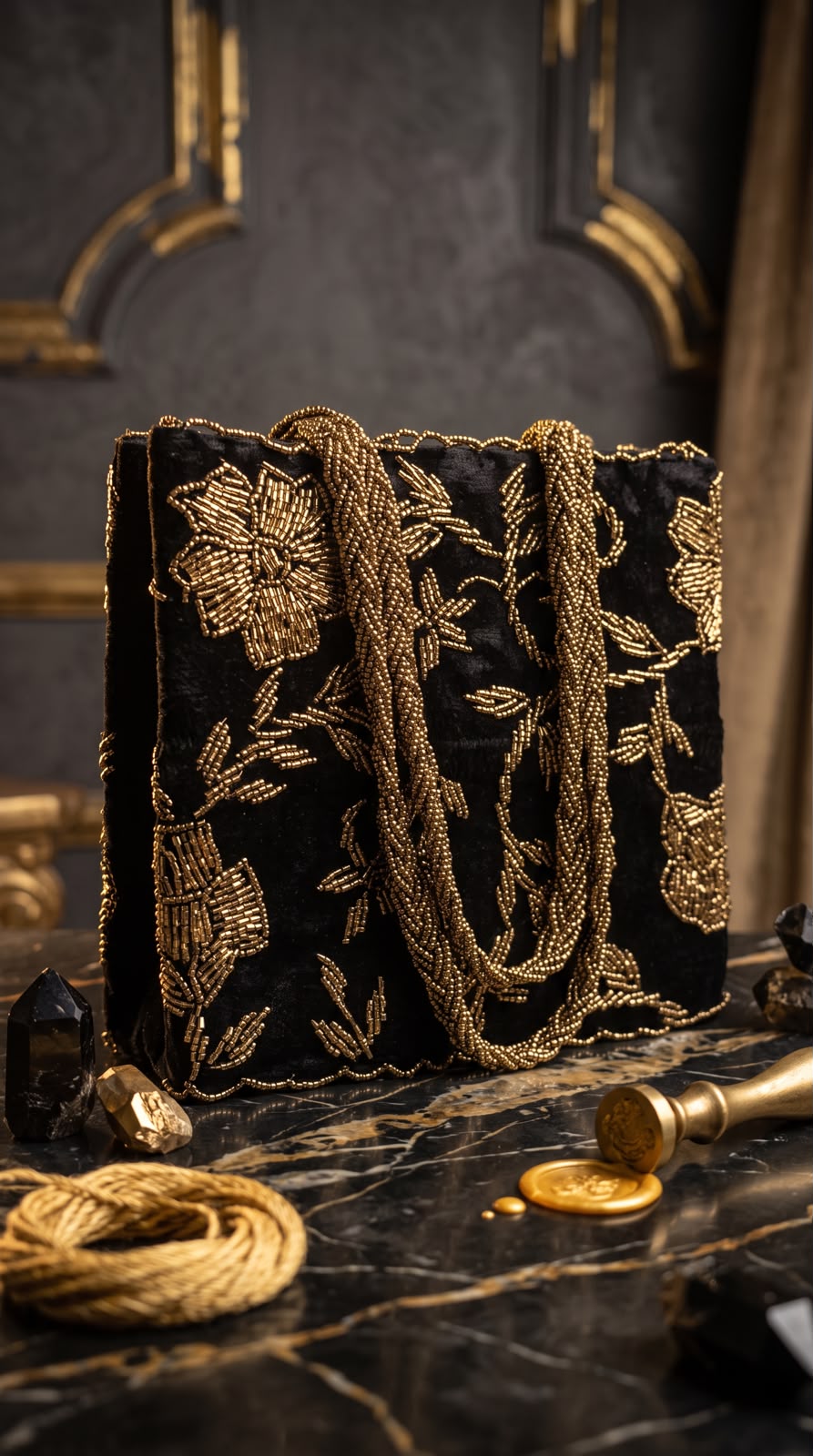 Beaded Black Velvet Bag | Mid size | Perfect for Parties and Weddings