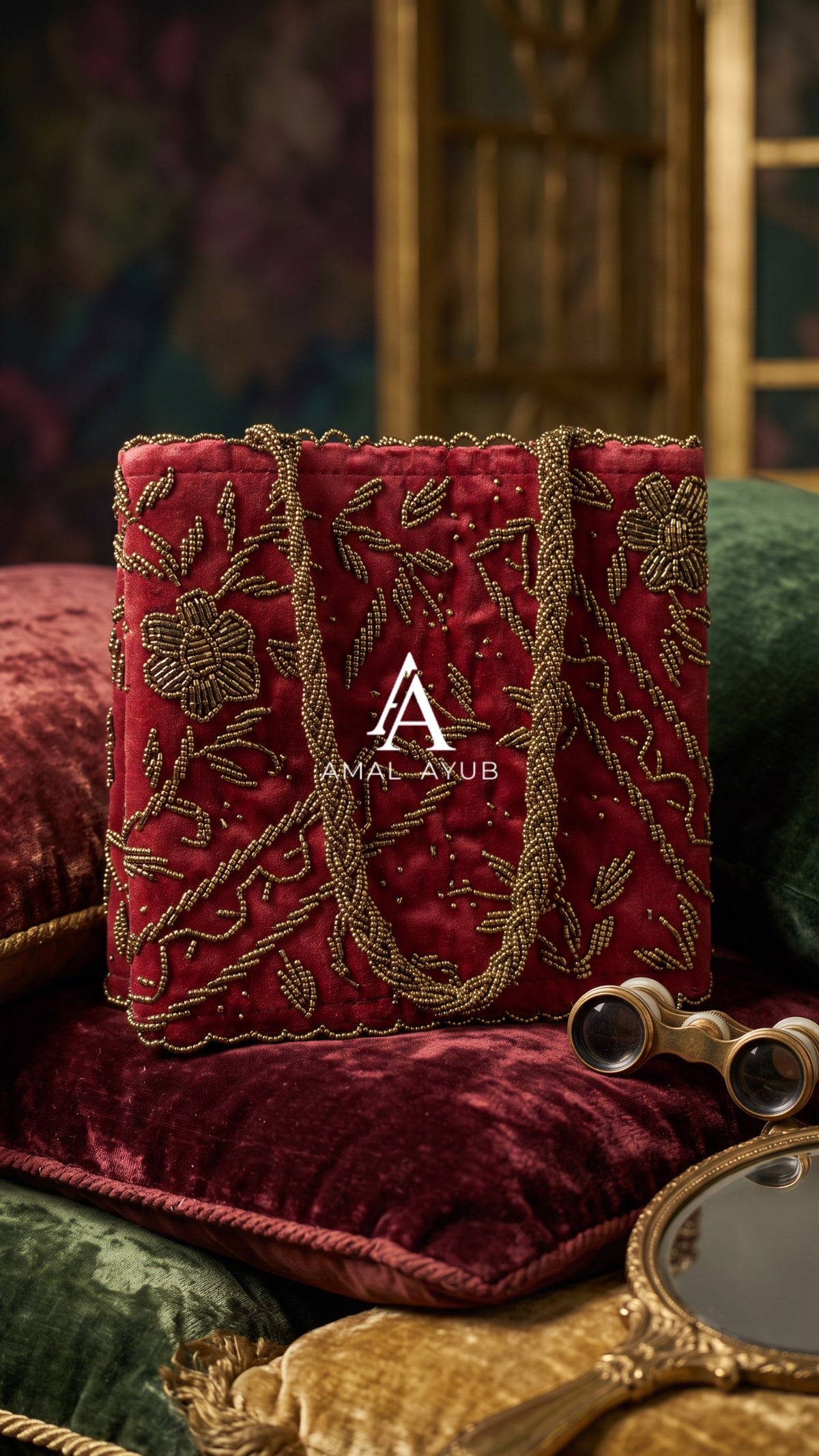Red Velvet Gold-Beaded Bag | Perfect for Weddings & Parties