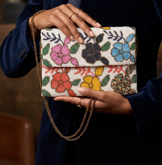 White Multi Floral Handmade beaded clutch | Parties and Weddings