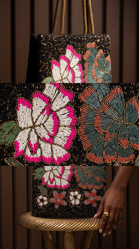 Black beaded Multi Floral Handbag | Perfect for Parties and Weddings