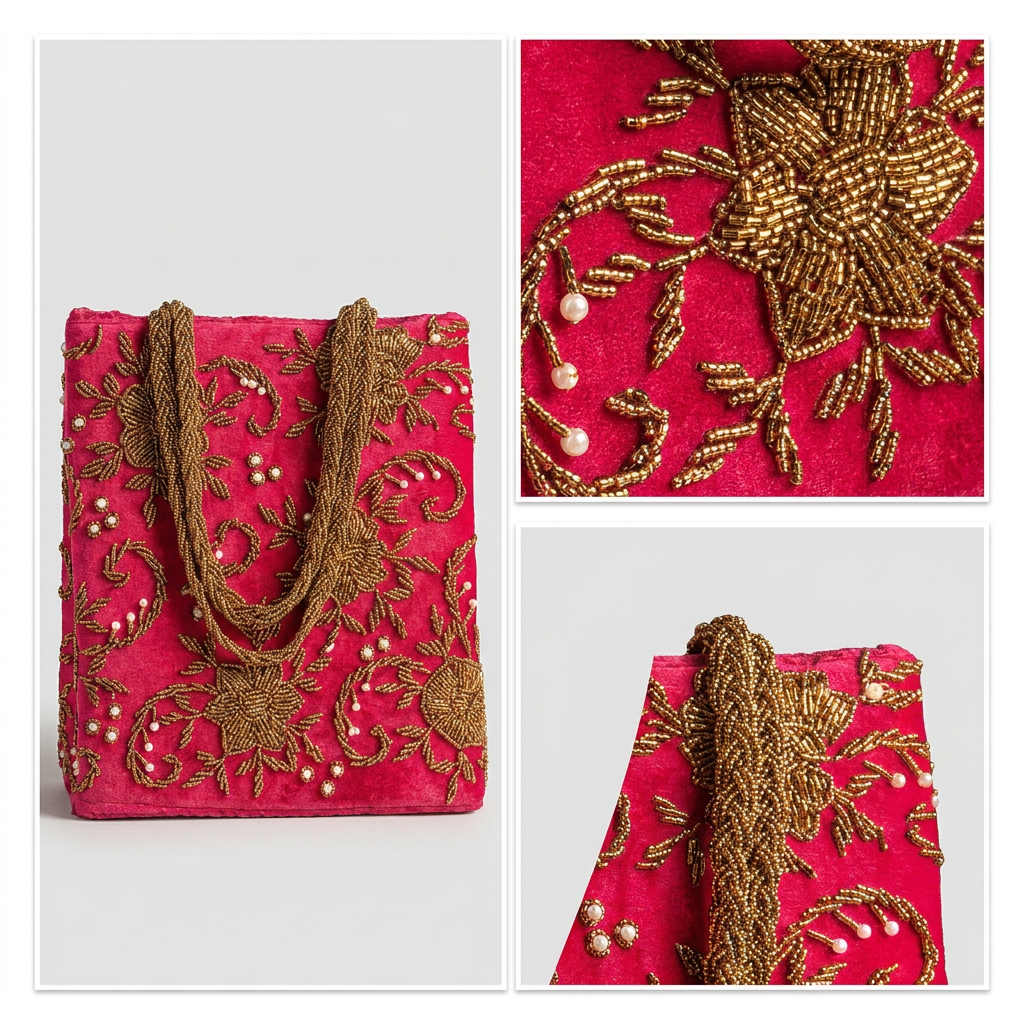 Hot Pinkish/red Velvet Evening Bag with Zardozi Work | Amal Ayub