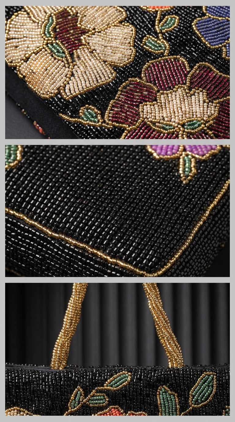 Close-up details of Amal Ayub hand-embroidered glass seed bead flowers, gold vine outlines, and double braided gold handles