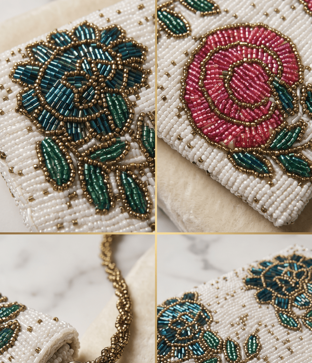 Beaded Floral Clutch – Ivory with Mauve Rose & Teal Blossom Beadwork - Amal Ayub