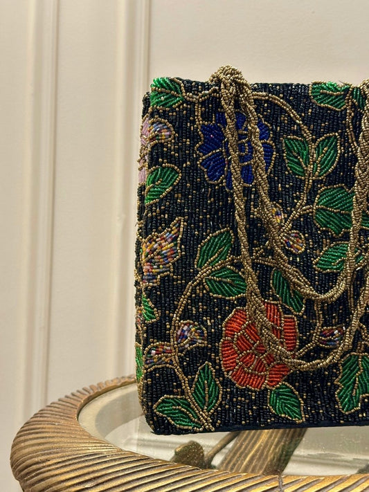 Black Beaded Vine Shoulder Bags | Amal Ayub - Amal Ayub