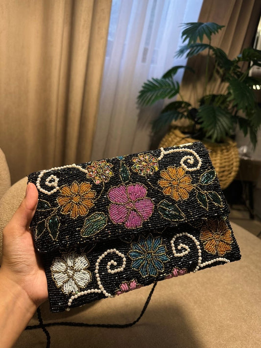 Black Floral Hand-Beaded Pearl Clutch for Weddings & Evening Events - Amal Ayub