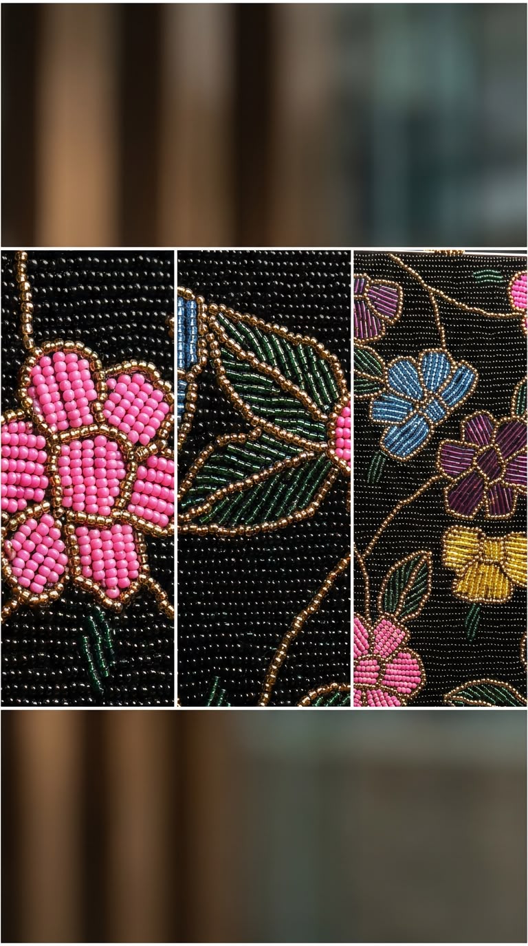Close-up details of Amal Ayub hand-embroidered glass seed bead pink flowers, green leaves, and gold thread vine outlines