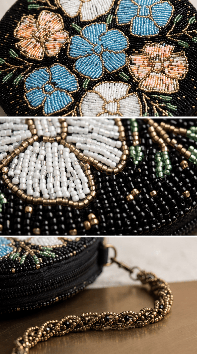 Hand Beaded Round Clutch Bag Floral Beadwork Crossbody Purse with Beaded Chain Strap - Amal Ayub