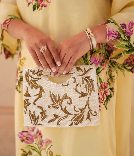 Handmade Ivory & Antique Gold Beaded Clutch Bag | Luxury Wedding & Evening Purse - Amal Ayub