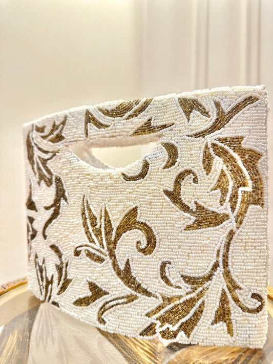 Handmade Ivory & Antique Gold Beaded Clutch Bag | Luxury Wedding & Evening Purse - Amal Ayub