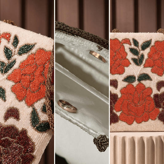 Ivory Floral Beaded Bag – Handmade Wedding & Festive Handbag - Amal Ayub