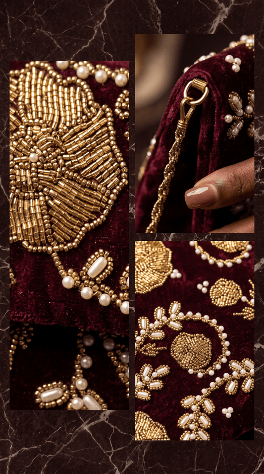Maroon Pearl Gold Handmade Clutch for Ladies | - Amal Ayub