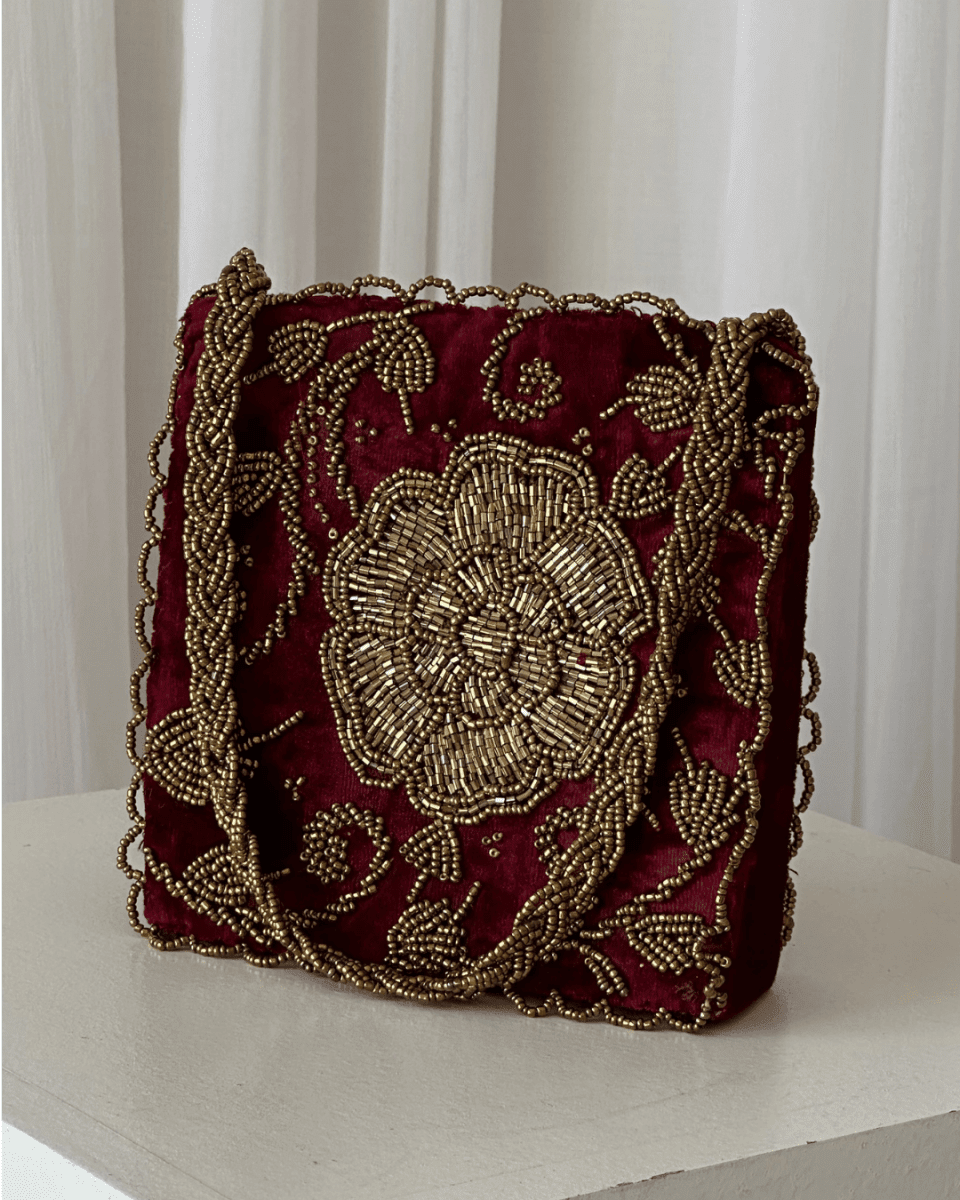 Maroon velvet beaded wedding clutch hand embellished bag Amal Ayub