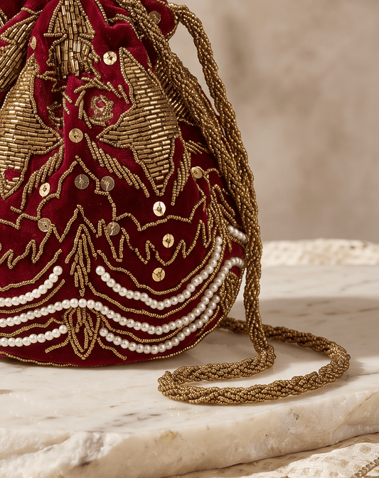 Red embellished potli for your wedding | Wedding | Barat Amal Ayub - Amal Ayub