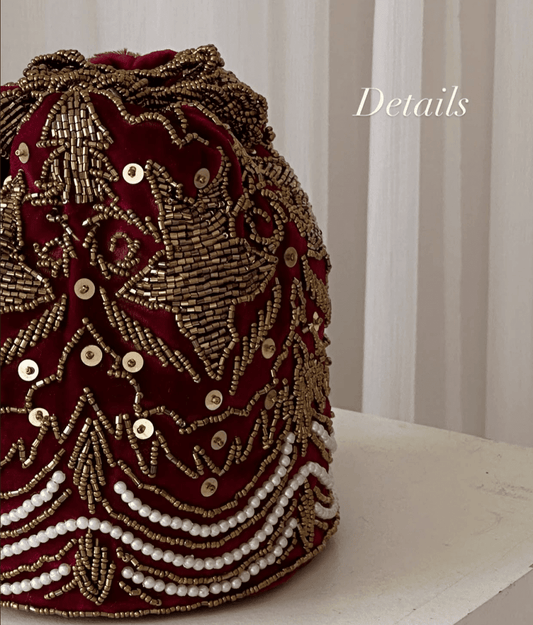 Red embellished potli wedding hand embellished bag Amal Ayub