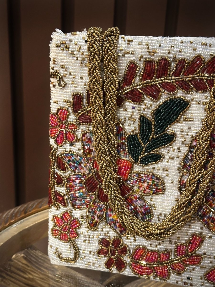 White floral hand embellished handbag - Amal Ayub