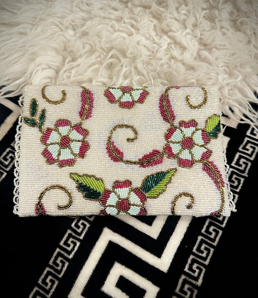 White Hand beaded clutch with Floral and leaf detailings - Amal Ayub