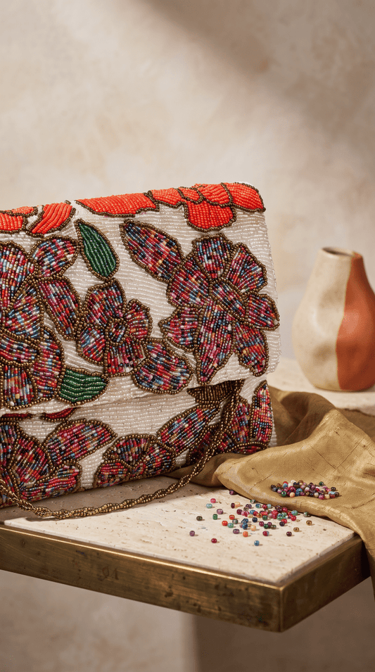 White Multicolour Floral Beaded Evening Clutch & Shoulder Bag for women | Amal Ayub - Amal Ayub