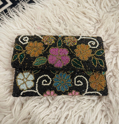 Black Floral Hand-Beaded Pearl Clutch for Weddings & Evening Events