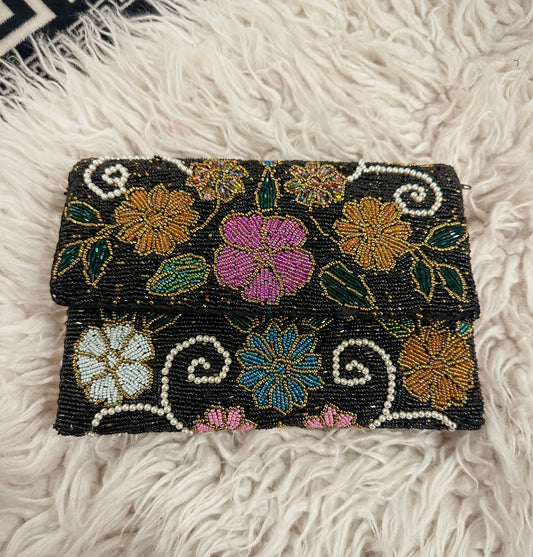Black Floral Hand-Beaded Pearl Clutch for Weddings & Evening Events