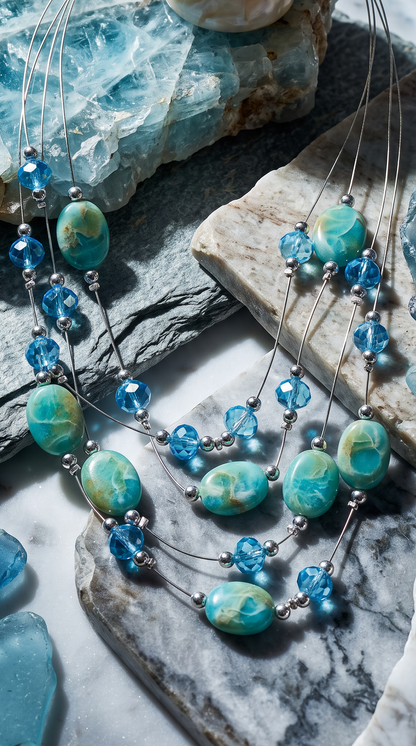 Turquoise & Sky Blue Layered Statement Necklace and Earring Set – 4-Strand Beaded Jewelry with Silver Accents