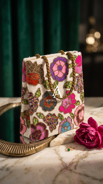 Beaded Floral Evening Bag with Pink Roses | Parties and Weddings | Amal Ayub