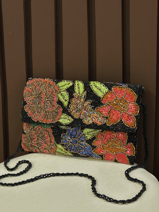 Black Midnight Botanical Hand-Beaded Crossbody Clutch | Amal Ayub