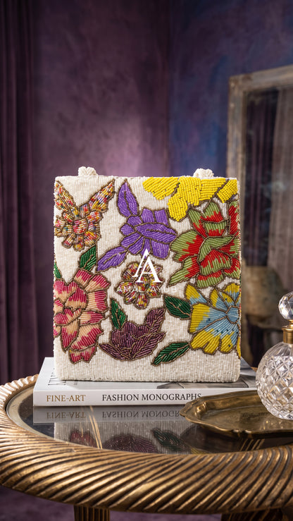 Beaded Garden Bloom HandBag – Ivory Multicolor | Amal Ayub