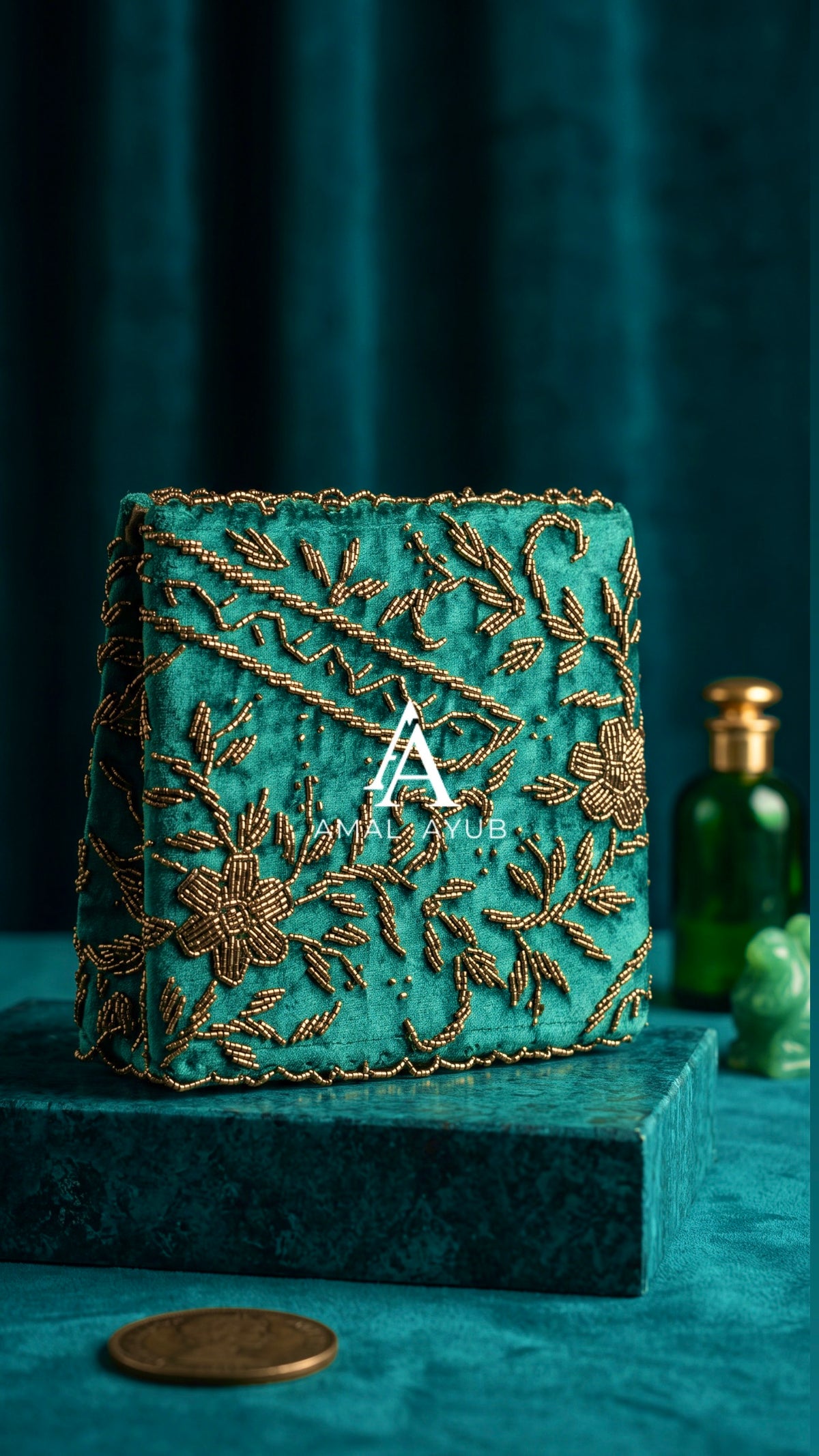 Emerald Velvet Gold-Beaded Clutch | Mid Size