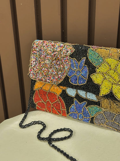 Black Midnight Floral Multicolour  Handcrafted Black Beaded Clutch | Amal Ayub