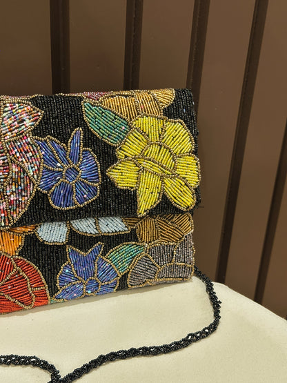 Black Midnight Floral Multicolour  Handcrafted Black Beaded Clutch | Amal Ayub