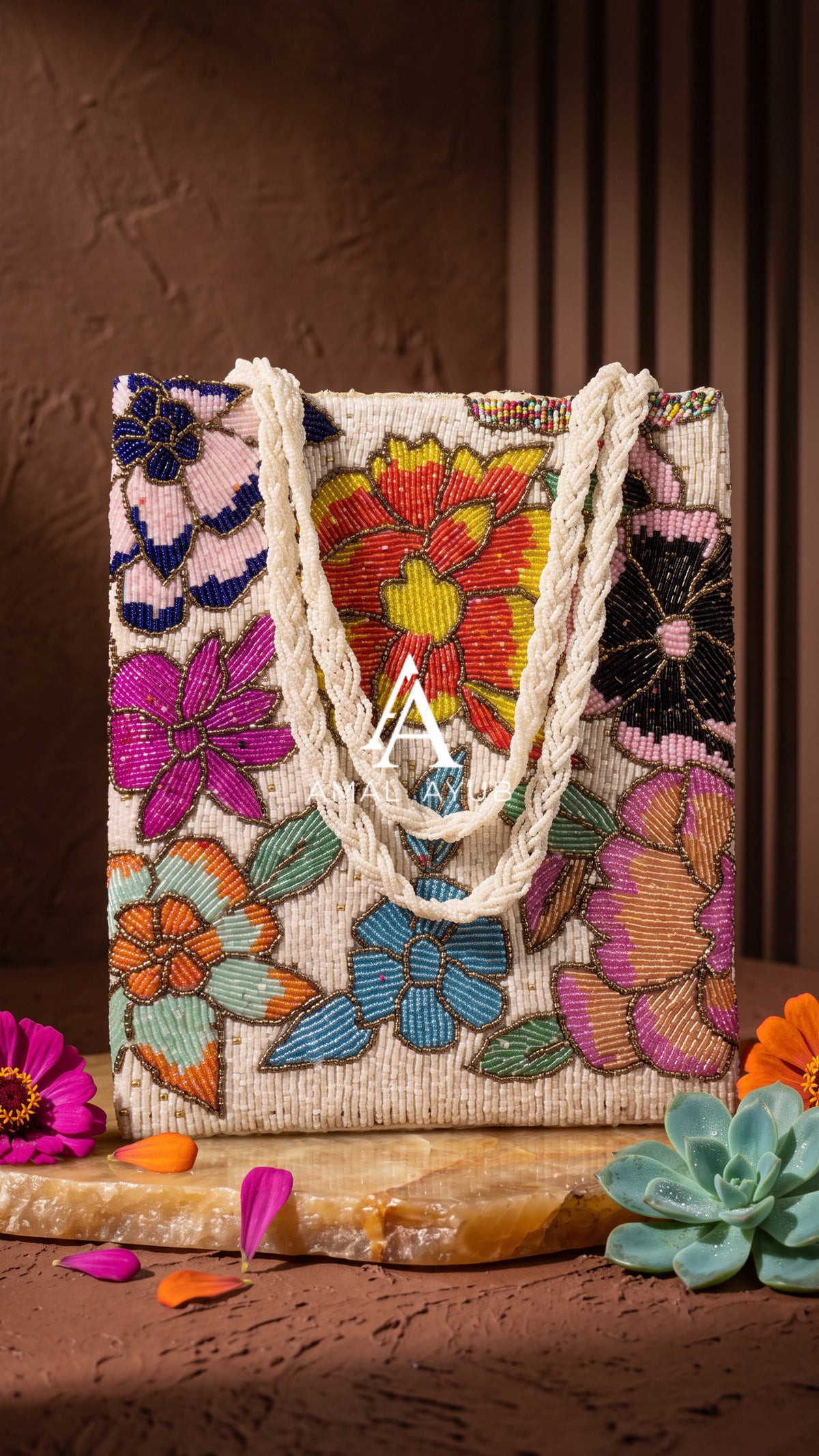 Beaded Multicolor Floral HandBag – Ivory | Amal Ayub