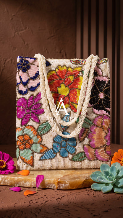 Beaded Multicolor Floral HandBag – Ivory | Amal Ayub