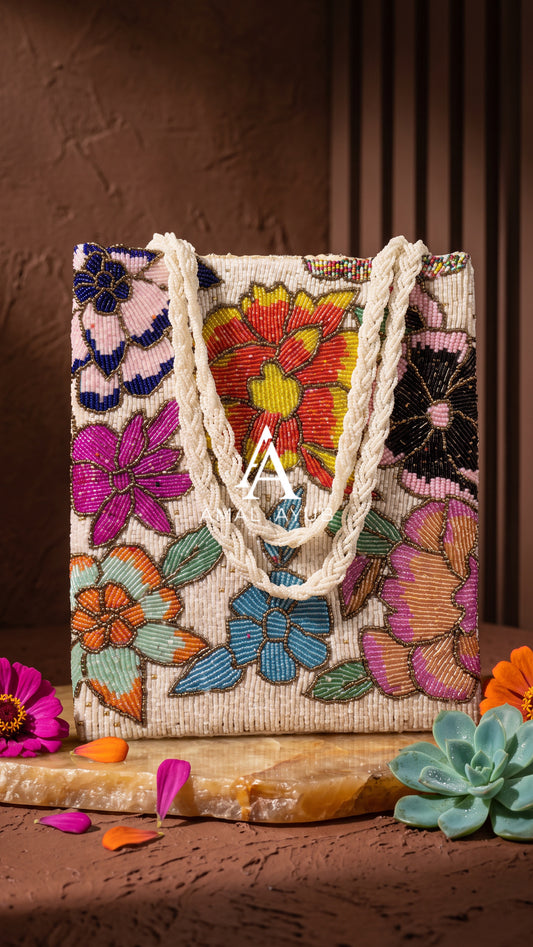 Beaded Multicolor Floral HandBag – Ivory | Amal Ayub