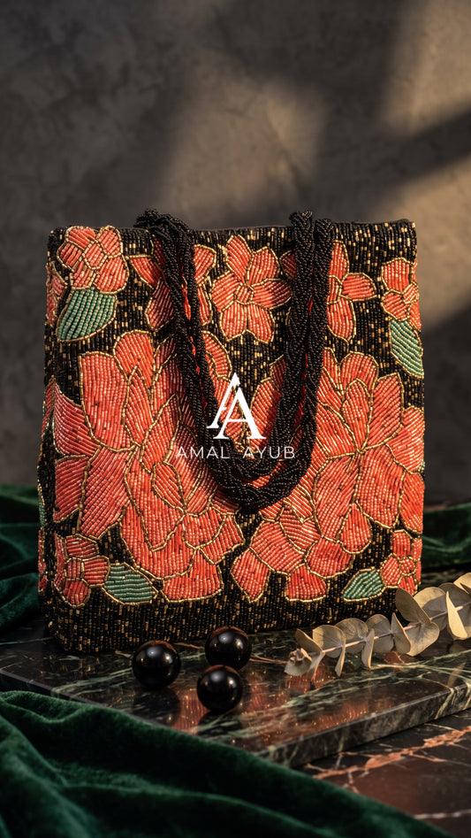 Black & Coral Hand-beaded Floral Handbag | Parties & Weddings