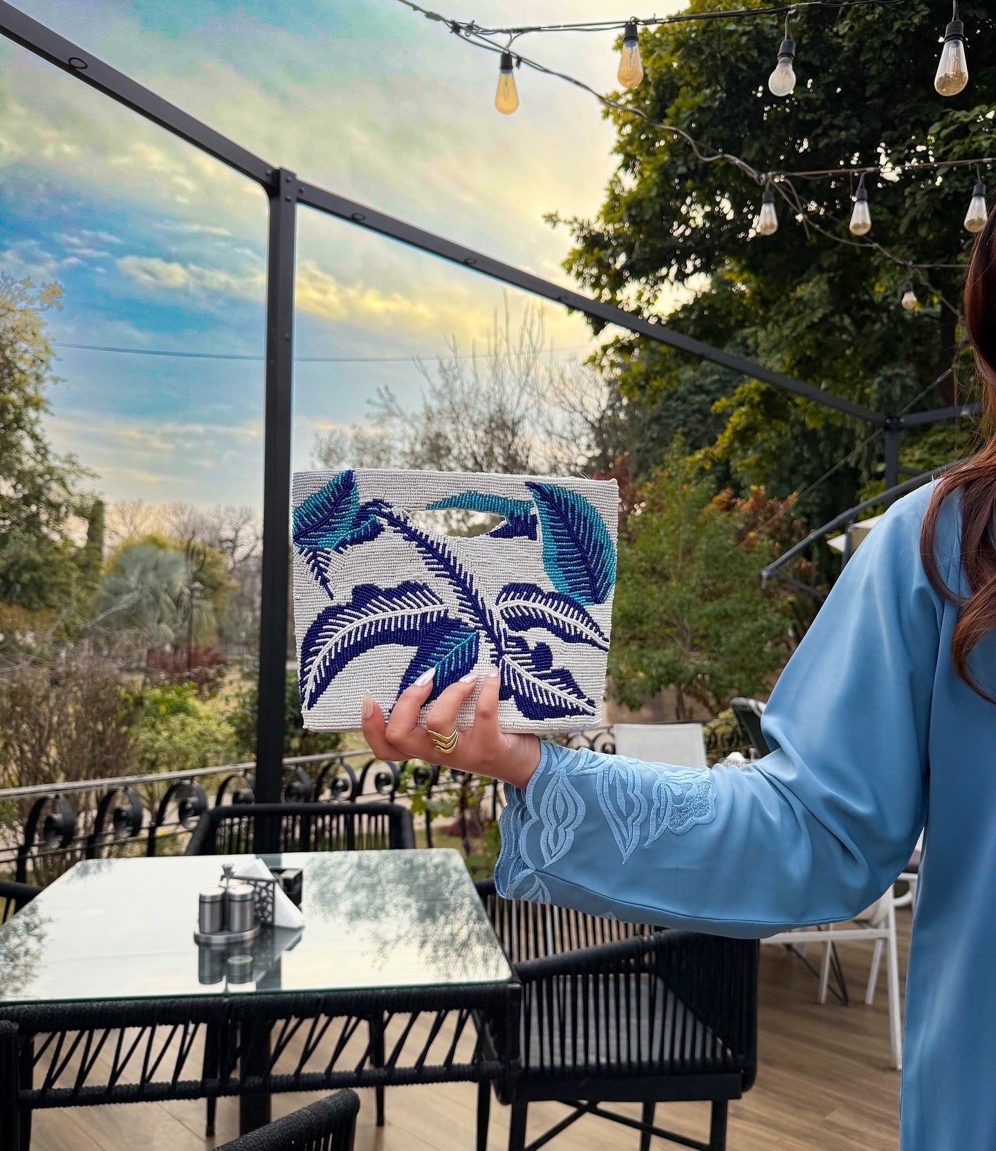 Blue white breeze embellished bag